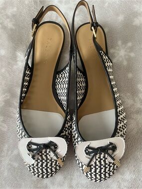 Talbots Black & White Houndstooth Slingback Flats with Bow Accent